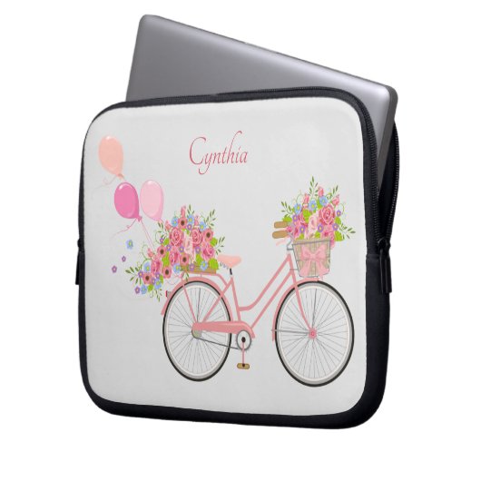 Whimsical Pink Floral Bike Personalized Laptop Sleeve (Voorkant Links)