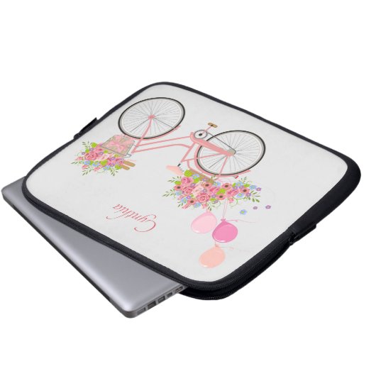 Whimsical Pink Floral Bike Personalized Laptop Sleeve (Voorkant onderkant)