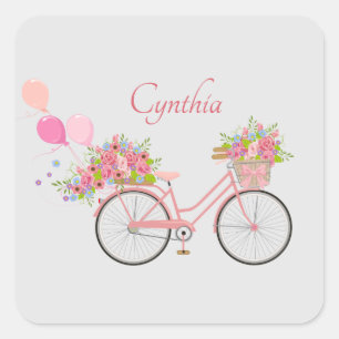 Whimsical Pink Floral Bike Personalized Vierkante Sticker