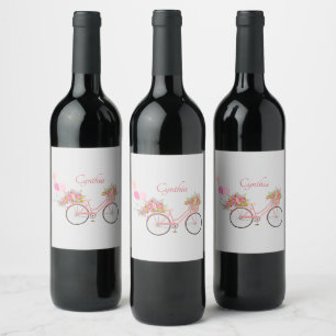 Whimsical Pink Floral Bike Personalized Wijn Etiket