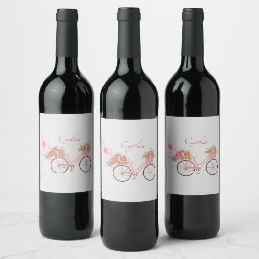 Whimsical Pink Floral Bike Personalized Wijn Etiket (Flessen)