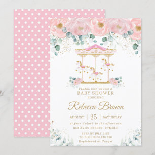 Whimsical Pink Floral Carousel Girl Baby shower Kaart