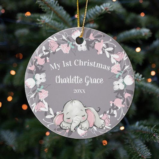 Whimsical Pink Floral Elephant Girl 1 kerst Keramisch Ornament