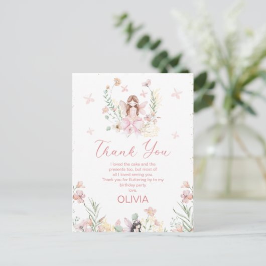 Whimsical Pink Floral Fairy Eerste Verjaardag Kaar Briefkaart (Staand voorkant)