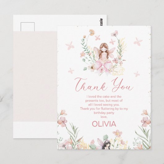 Whimsical Pink Floral Fairy Eerste Verjaardag Kaar Briefkaart (Voorkant / Achterkant)