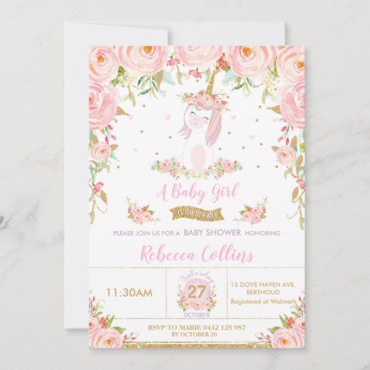 Whimsical Pink Floral Unicorn Baby shower Girl Kaart (Voorkant)