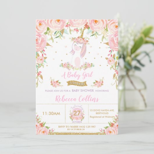 Whimsical Pink Floral Unicorn Baby shower Girl Kaart (Staand voorkant)