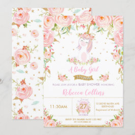 Whimsical Pink Floral Unicorn Baby shower Girl Kaart