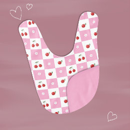 Whimsical Pink Gingham Cherry & Blossom Baby Bib Slabbetje
