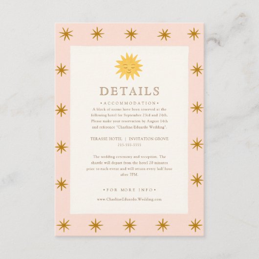 Whimsical Pink & Gold Sun Wedding Details Kaart (Voorkant)