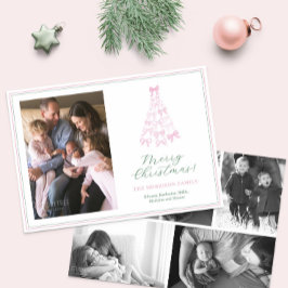 Whimsical Pink & Green Bows Vrolijke Kerstfoto Feestdagenkaart