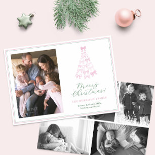 Whimsical Pink & Green Bows Vrolijke Kerstfoto Feestdagenkaart