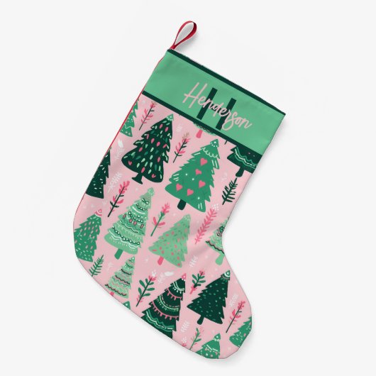 Whimsical Pink & Green Christmas Tree Pattern Name Kleine Kerstsok (Voorkant (Hangend))