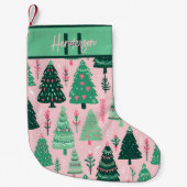 Whimsical Pink & Green Christmas Tree Pattern Name Kleine Kerstsok (Voorkant)