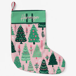 Whimsical Pink & Green Christmas Tree Pattern Name Kleine Kerstsok