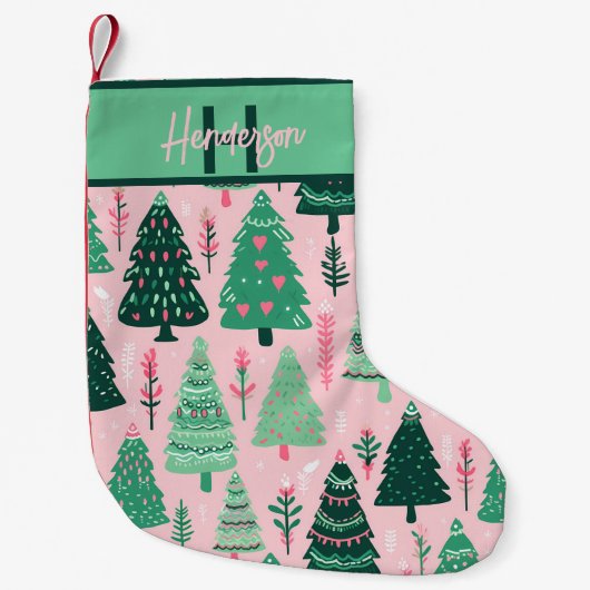 Whimsical Pink & Green Christmas Tree Pattern Name Kleine Kerstsok (Voorkant)