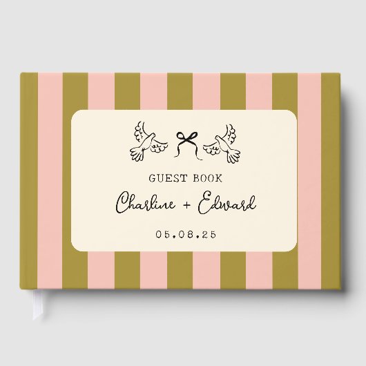 Whimsical Pink Green Striped Scribble Wedding Gastenboek (Voorkant)