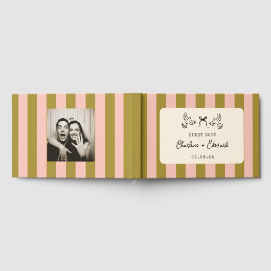 Whimsical Pink Green Striped Scribble Wedding Gastenboek (Volledig)