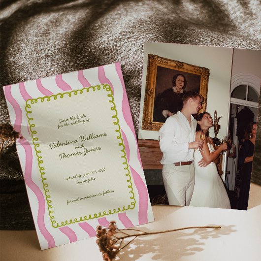 Whimsical Pink & Green Wedding Sla de datum op Kaart