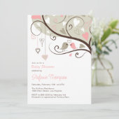 Whimsical Pink & Grey Birds Baby shower Invitation Kaart (Staand voorkant)