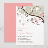 Whimsical Pink & Grey Birds Baby shower Invitation Kaart (Voorkant / Achterkant)