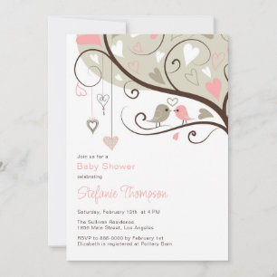 Whimsical Pink & Grey Birds Baby shower Invitation Kaart