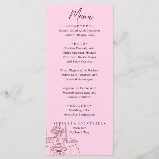 Whimsical Pink Hand Drawn Illustrated Wedding  Menu (Voorkant)