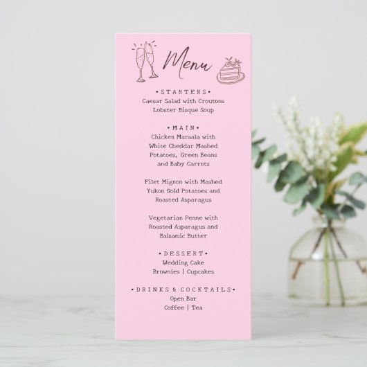 Whimsical Pink Hand Drawn Illustrated Wedding  Menu (Staand voorkant)