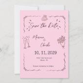 Whimsical Pink Hand Drawn Illustrated Wedding  Save The Date (Voorkant)