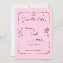Whimsical Pink Hand Drawn Illustrated Wedding  Save The Date