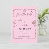 Whimsical Pink Hand Drawn Illustrated Wedding  Save The Date (Staand voorkant)