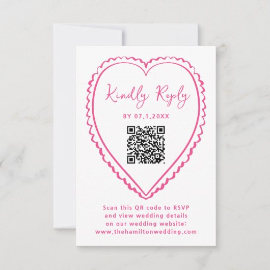 Whimsical Pink Heart QR Code Wedding RSVP Kaartje (Voorkant)