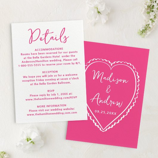 Whimsical Pink Heart Wedding Details Informatiekaartje