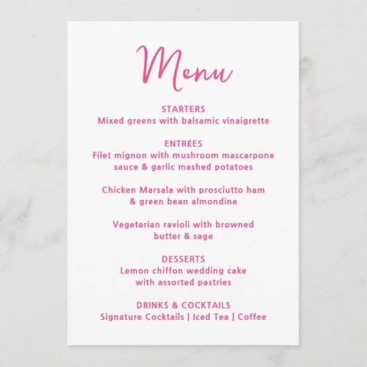 Whimsical Pink Heart Wedding Menu (Voorkant)