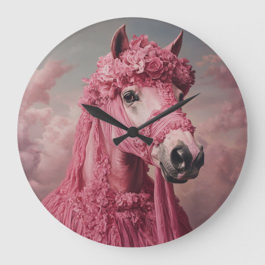 Whimsical Pink Horse Wall Clock - Elegant Fantasy Grote Klok (Voorkant)