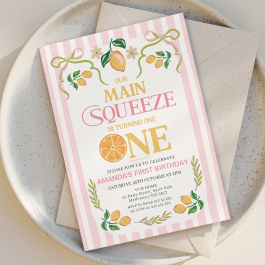 Whimsical Pink Lemon Main Squeeze 1e verjaardag Kaart