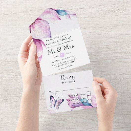 Whimsical Pink Magnolia Floral Wedding All In One Uitnodiging (Afscheurbaar)