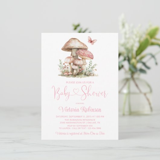 Whimsical Pink Mushroom Butterfly Baby shower Kaart (Staand voorkant)