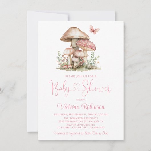 Whimsical Pink Mushroom Butterfly Baby shower Kaart (Voorkant)