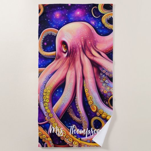 Whimsical Pink Octopus met persoonlijke naam Strandlaken (Voorkant)