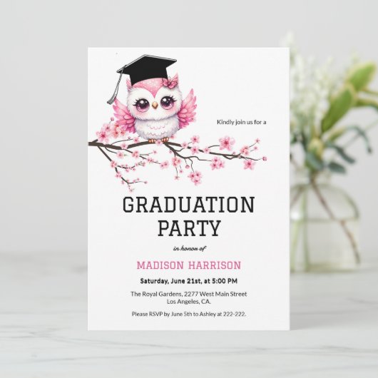 Whimsical Pink Owl Afstuderen Kaart (Staand voorkant)