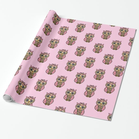 Whimsical Pink Owls Cadeaupapier (Uitgerold)