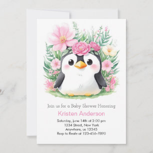 Whimsical Pink Penguin Paradise Baby shower Kaart