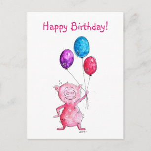 Whimsical Pink Pig. met ballonnen Briefkaart