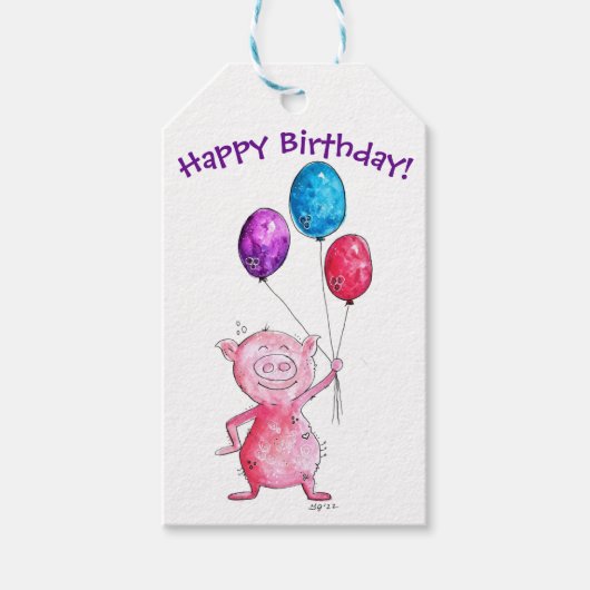Whimsical Pink Pig. met ballonnen Cadeaulabel (Voorkant)