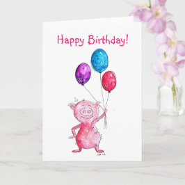 Whimsical Pink Pig. met ballonnen Kaart