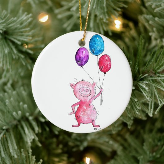 Whimsical Pink Pig. met ballonnen Keramisch Ornament (Boom)