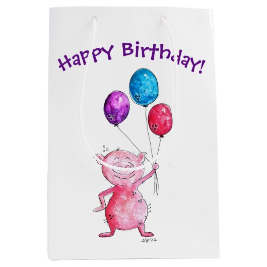 Whimsical Pink Pig. met ballonnen Medium Cadeauzakje (Voorkant)