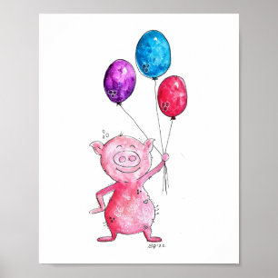 Whimsical Pink Pig. met ballonnen Poster