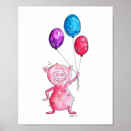 Whimsical Pink Pig. met ballonnen Poster (Voorkant)
